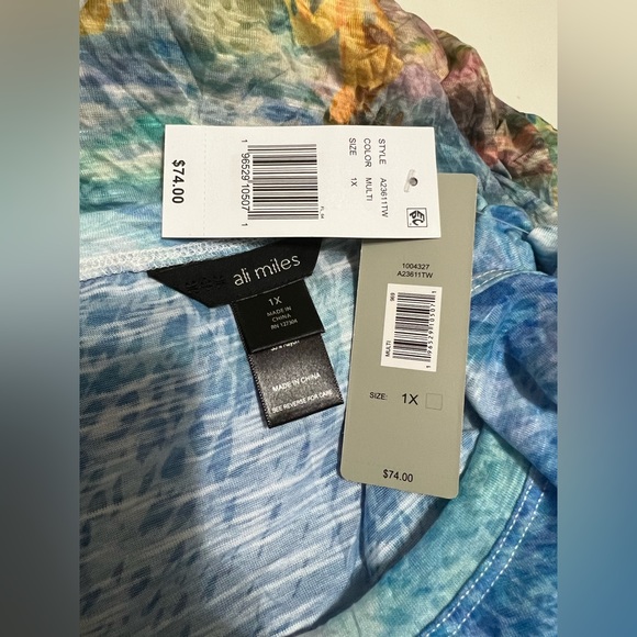 NWT Ali Miles Burn Out Crinkle Knit Plus Sz 3/4 Sleeve Hi-Low Hem Printed Tunic - Picture 7 of 9